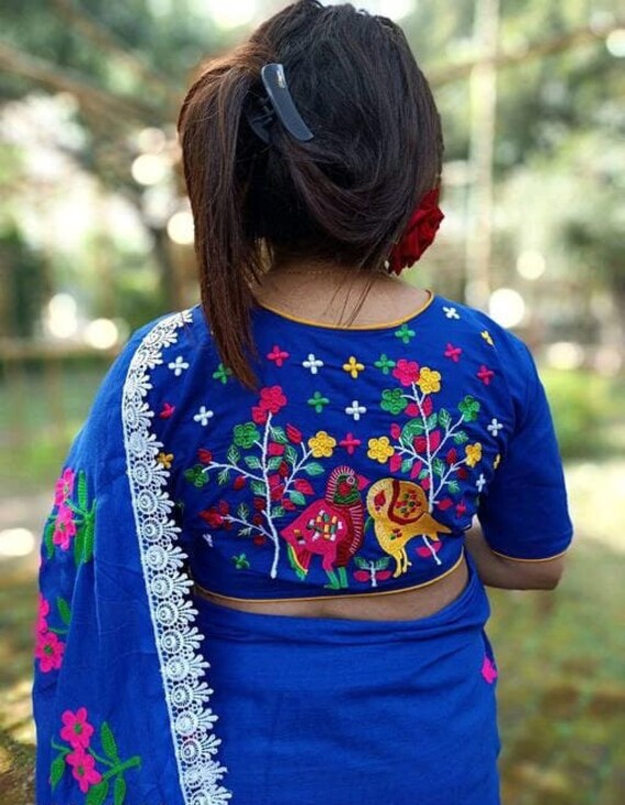 Blue Blouse Design with Flower Embroidery