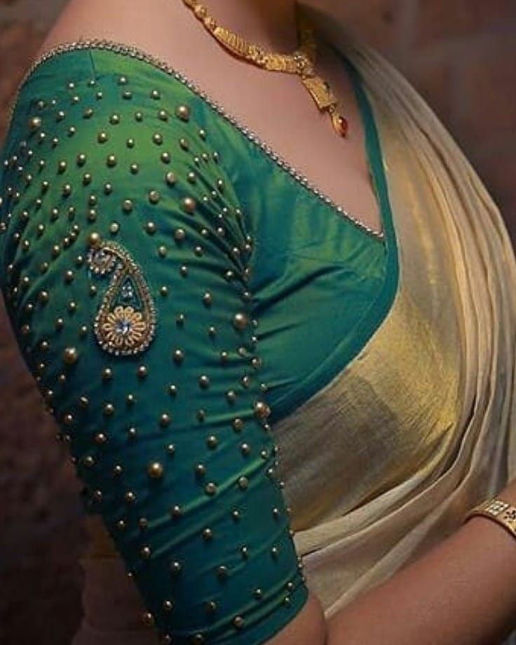 Green Blouse Design With Pearl Work