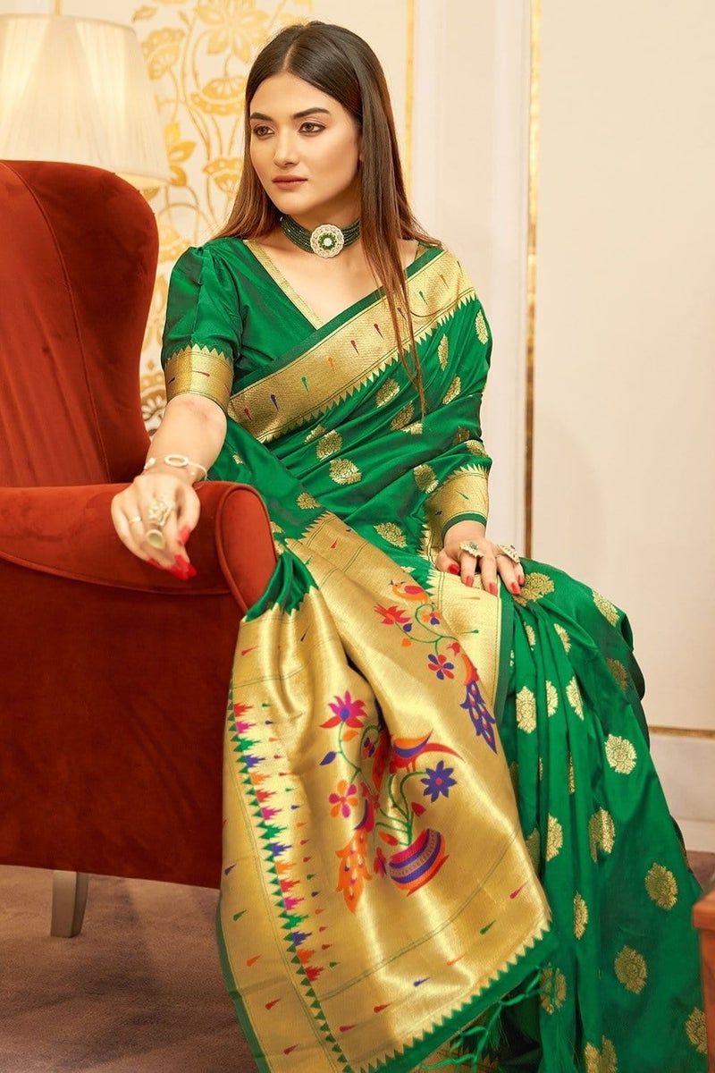 Green Shimmer Kathpadar Saree Blouse Design