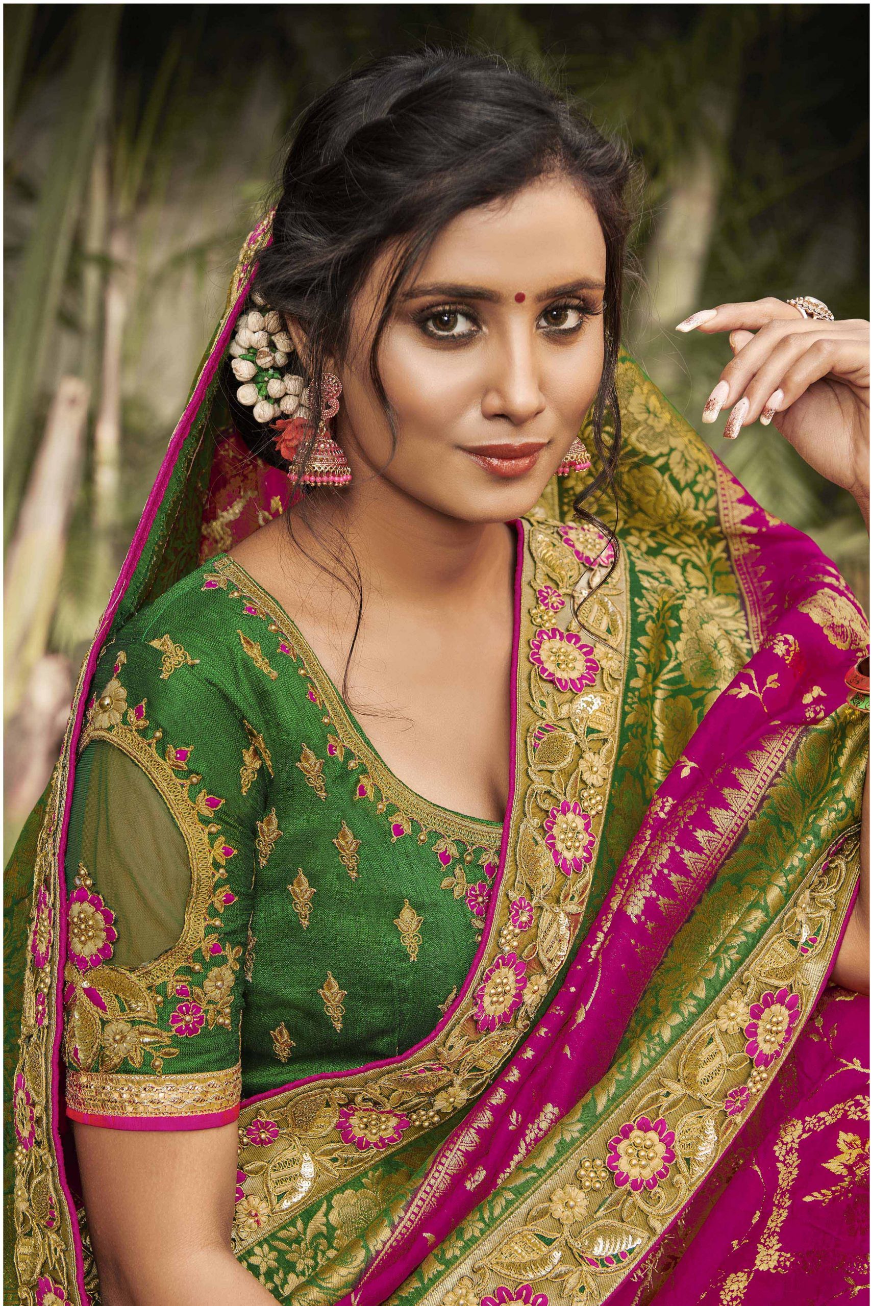 Magenta Embroidered Blouse with Green Banarashi Saree