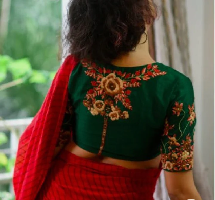 Simple Green Blouse Sleeve Design with Embroidery