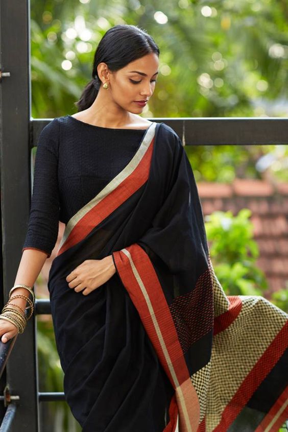 Black Cotton Saree Blouse Designs