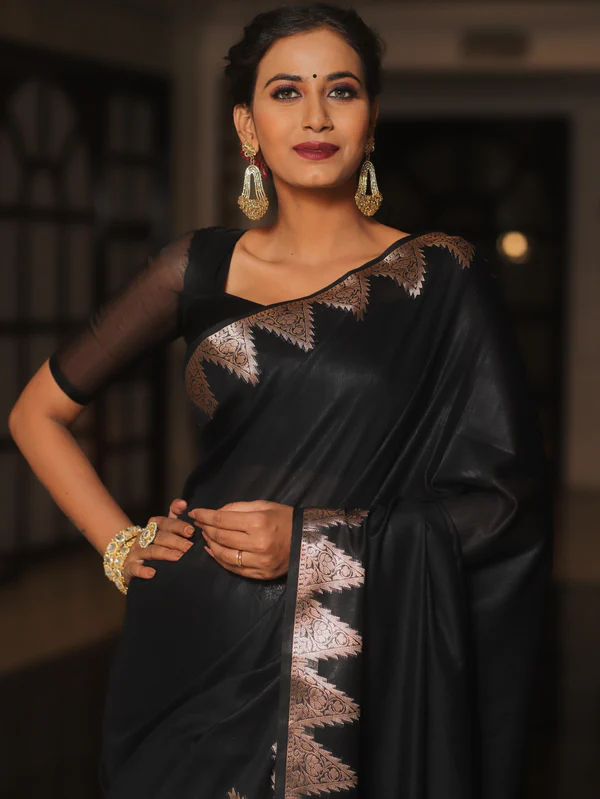 Black Saree with Golden Border Blouse Design