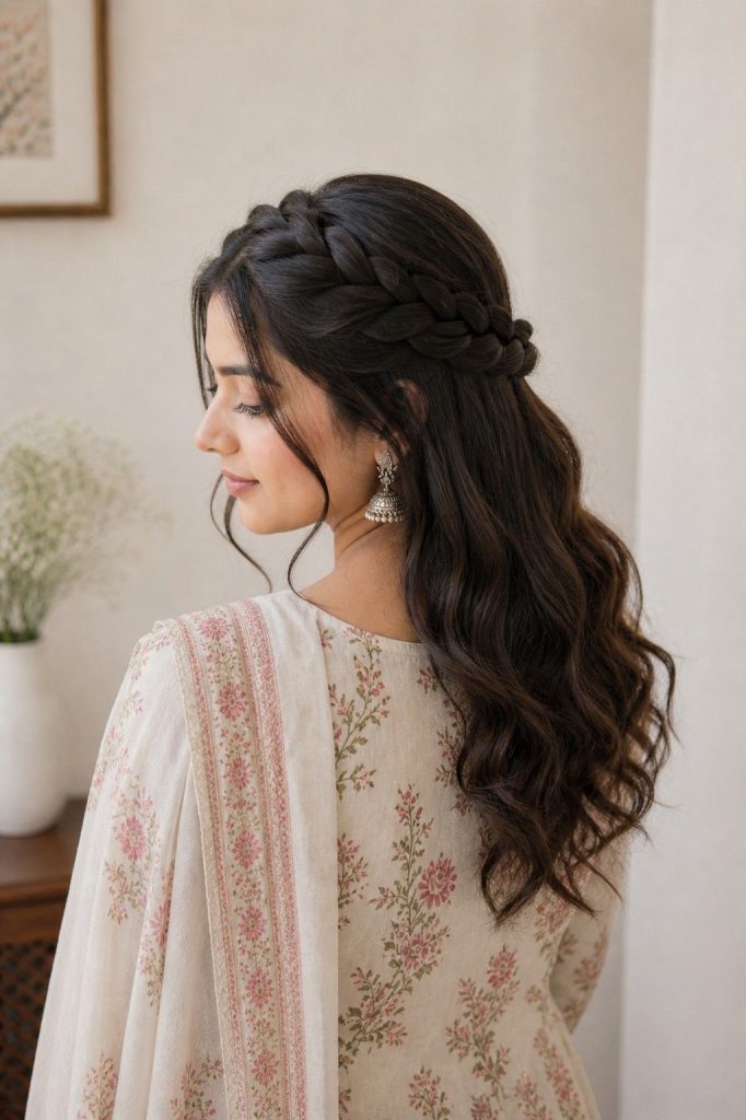 Braided Crown Hairstyle for Kurti
