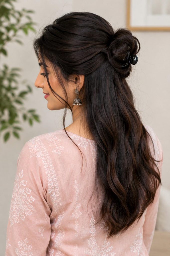 Clutched Half Bun Hairstyle for Kurti