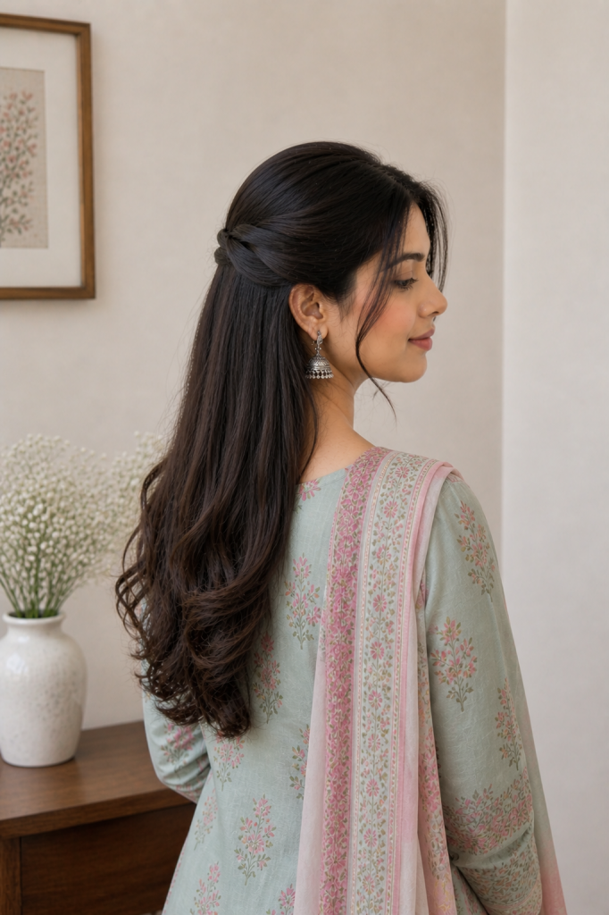 Half Up Half Down Hairstyle for Kurti