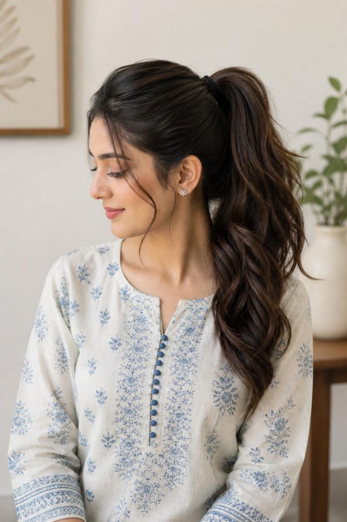 High Ponytail Hairstyle for Kurti