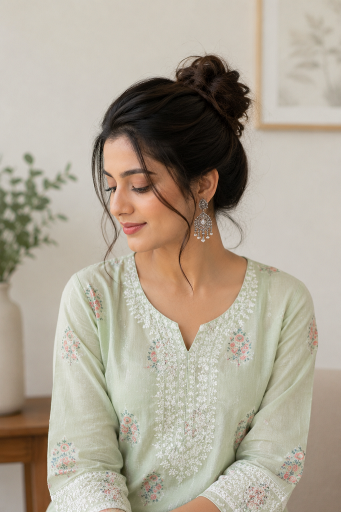 Messy Bun Hairstyle for Kurti