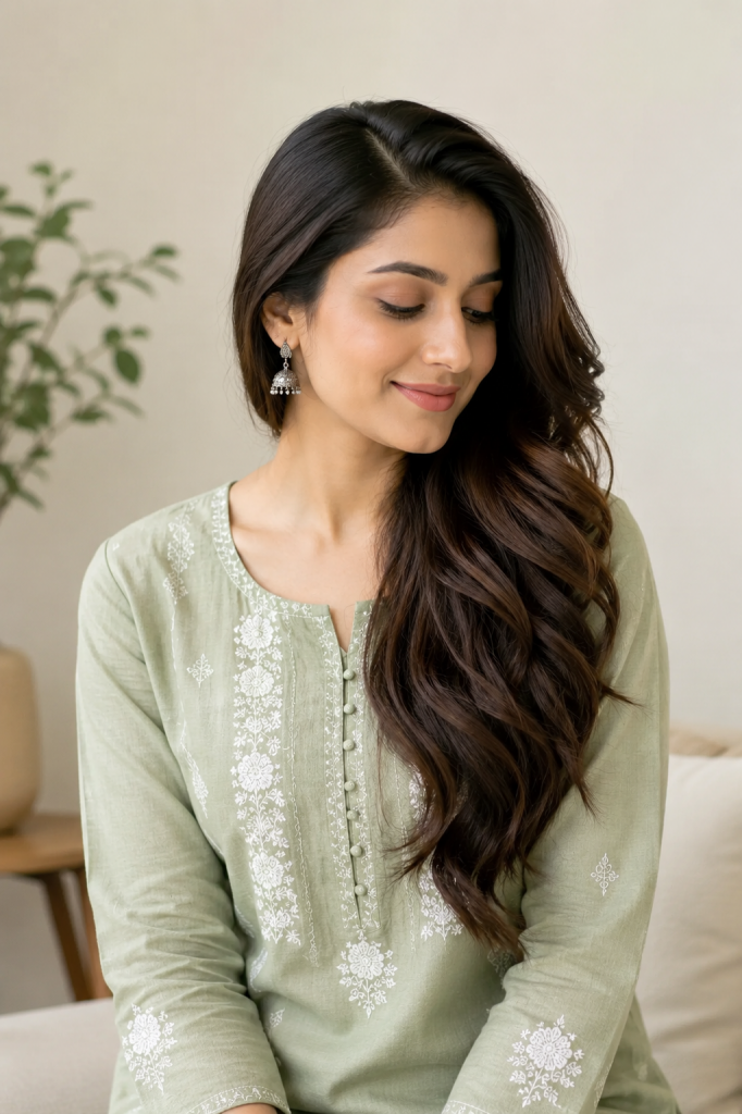 Side-swept Open Hairstyle for Kurti