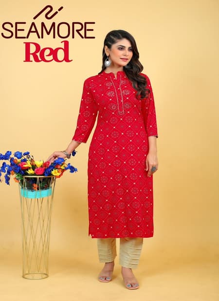 Red By Seamore Rayon Mirror Work With Printed Wear Kurtis Exporters In India