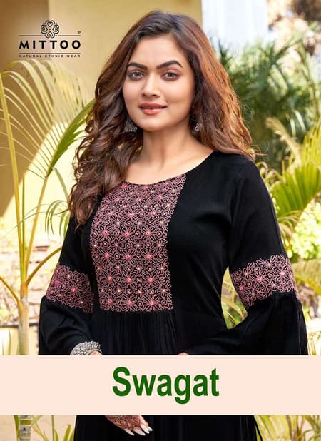 Swagat By Mittoo Naira Cut Rincle Rayon Embroidery Designer Kurtis Orders in India