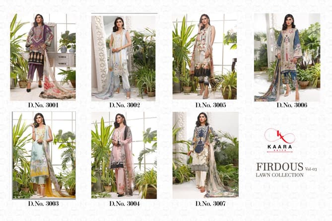 KAARA Firdous Lawn Collection Vol-3 Pure Cotton digital Print With Embroidery Work Designer Pakistani Dress Collections