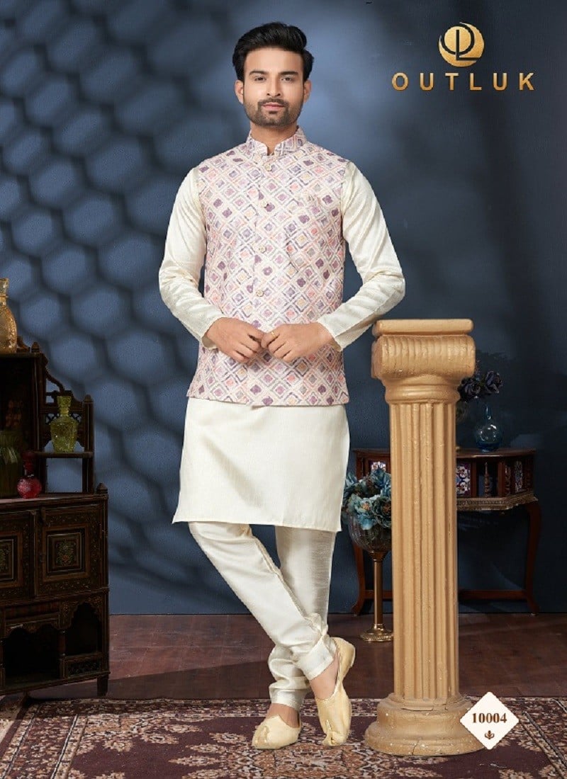 Lavender And Off White Colour Outluk Wedding Lucknowi Vol 10 Mens Wear Modi Jacket Kurta Pajama Wholesale Online 10004